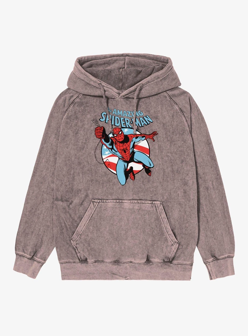 Marvel The Amazing Spider-Man Retro Swinging Flag Circle Vintage Mineral Washed Hoodie