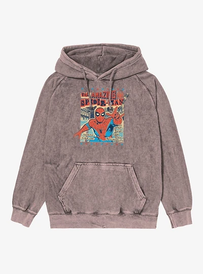 Marvel Spider-Man News Paper Print Cutout Americana Vintage Mineral Washed Hoodie