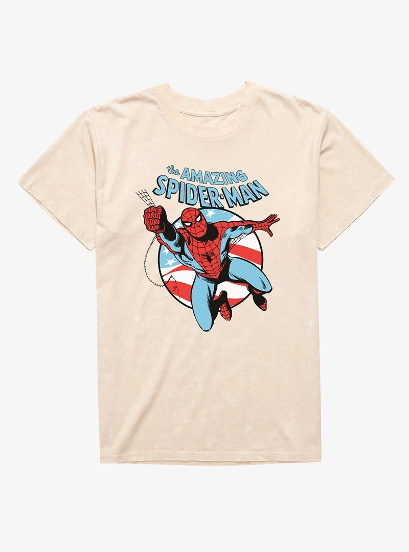 Marvel The Amazing Spider-Man Retro Swinging Flag Circle Mineral Wash T-Shirt