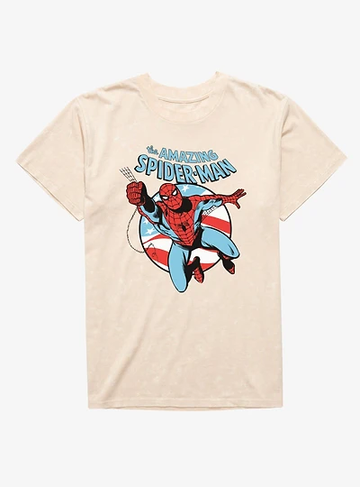Marvel The Amazing Spider-Man Retro Swinging Flag Circle Mineral Wash T-Shirt