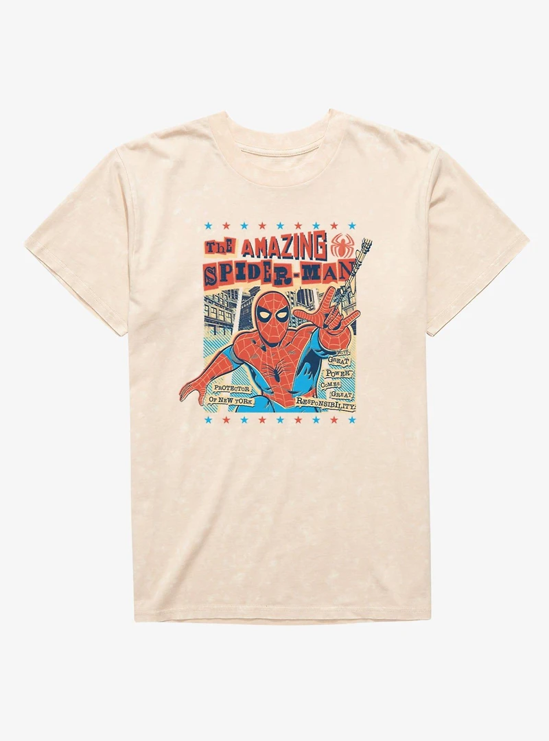 Marvel Spider-Man News Paper Print Cutout Americana Mineral Wash T-Shirt