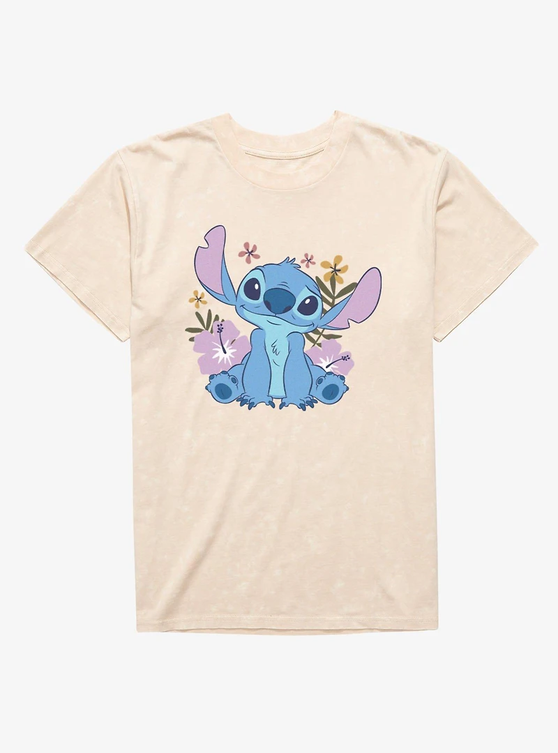 Disney Lilo & Stitch Quirky Smile Flowers Mineral Wash T-Shirt
