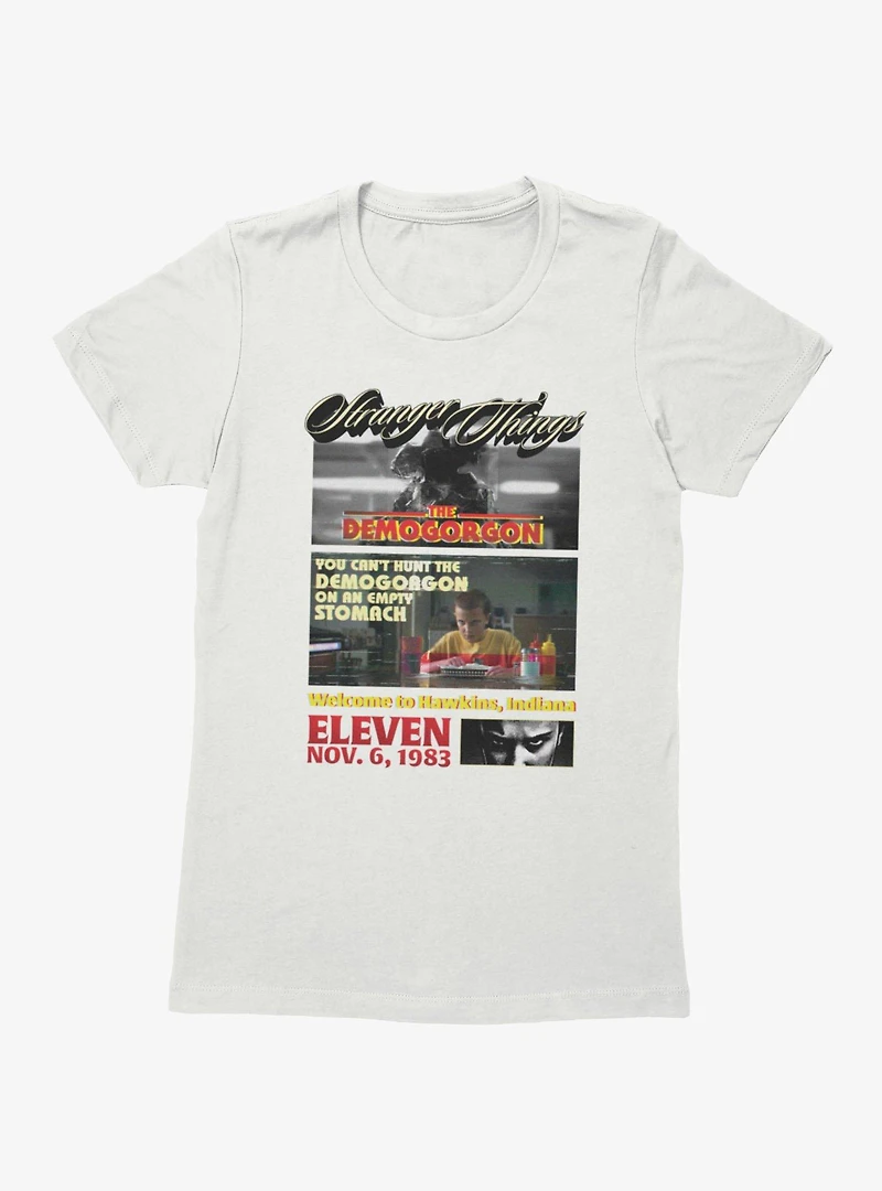 Stranger Things Can't Hunt On Empty Stomach Panels Demogorgon & Eleven Womens T-Shirt