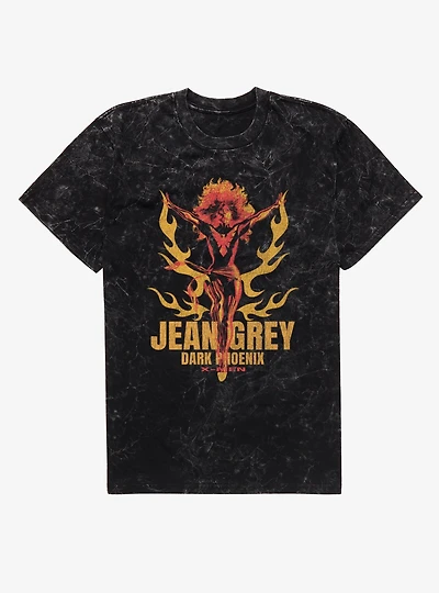 Marvel X-Men Jean Grey Dark Phoenix Orange And Red Flames Mineral Wash T-Shirt
