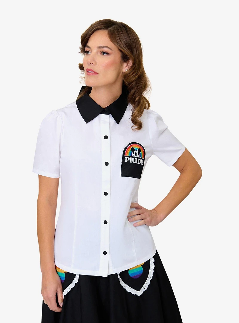 Disney Pride Collection by Unique Vintage White Mickey Rainbow Pocket Collared Blouse