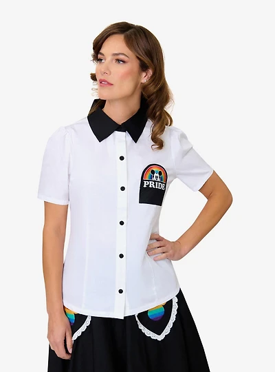 Disney Pride Collection by Unique Vintage White Mickey Rainbow Pocket Collared Blouse