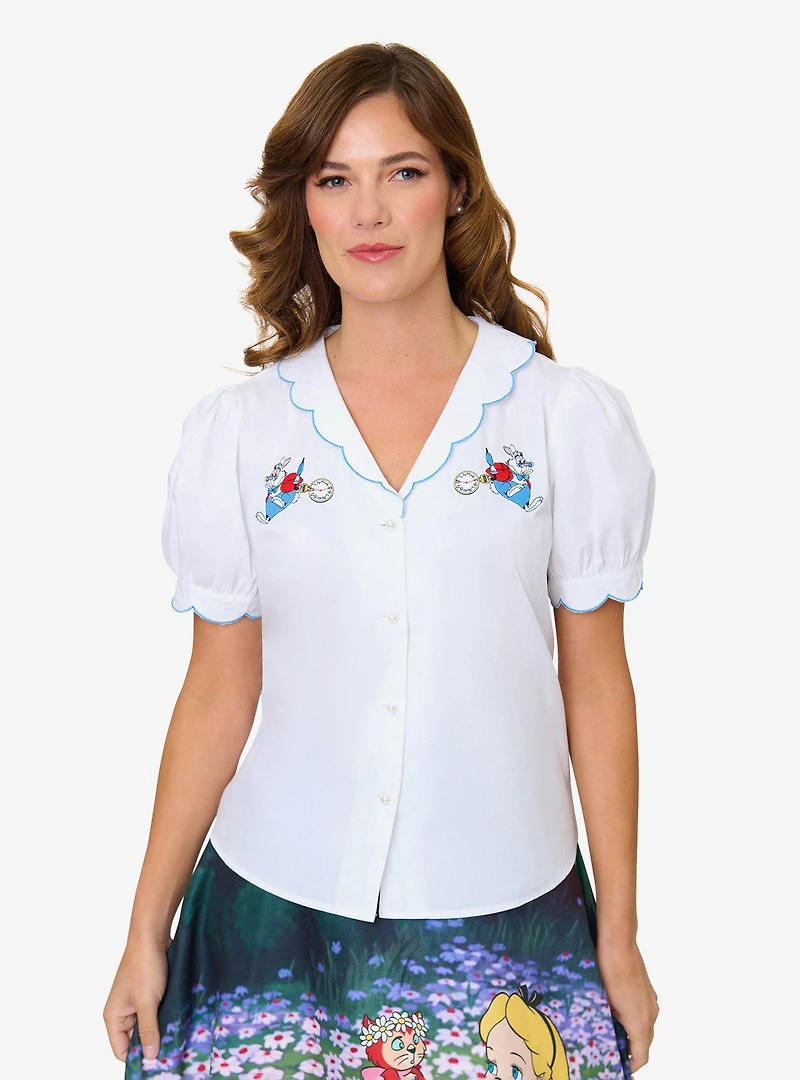 Disney Alice Wonderland Collection By Smak Parlour White Rabbit Embroidered Puff Sleeve Top