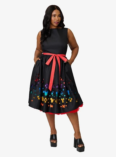 Disney Pride Collection by Unique Vintage Plus Black & Rainbow Stripe Mickey Cutout Swing Dress