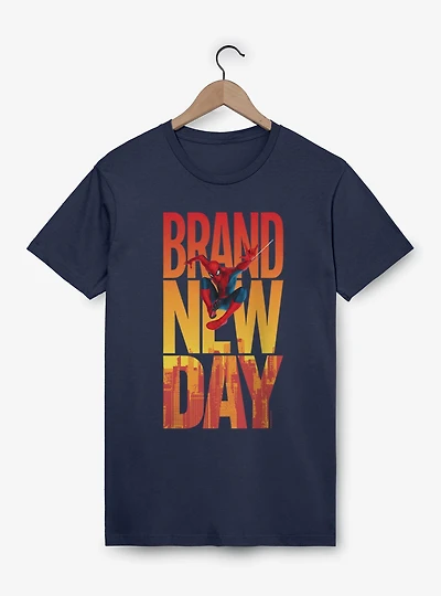 Marvel Spider-Man Brand New Day Swing Over City Letters T-Shirt