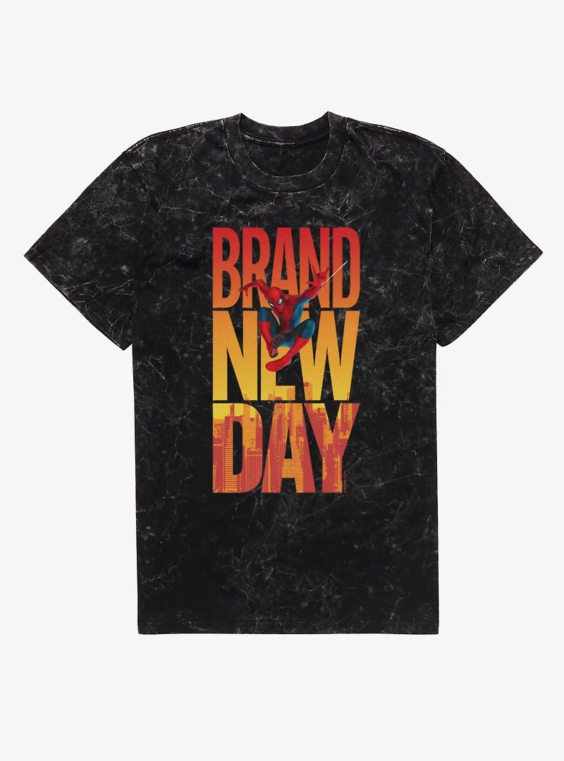 Marvel Spider-Man Brand New Day Swing Over City Letters Mineral Wash T-Shirt