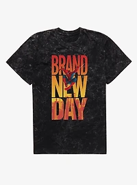 Marvel Spider-Man Brand New Day Swing Over City Letters Mineral Wash T-Shirt