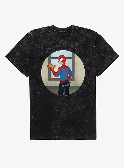 Marvel Spider-Man Brand New Day Studded Sweats Spidey With Pizza Mineral Wash T-Shirt
