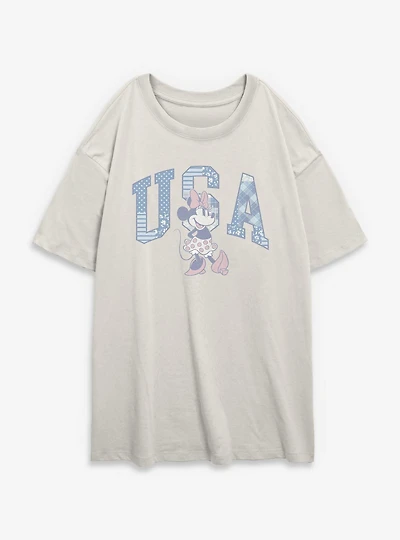 Disney Minnie Mouse USA Patchwork Font Womens Oversized T-Shirt