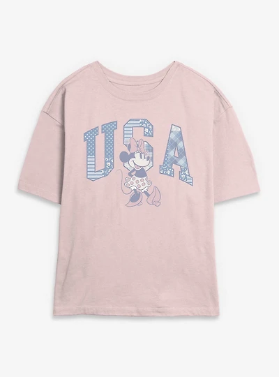 Disney Minnie Mouse USA Patchwork Font Womens Skimmer T-Shirt