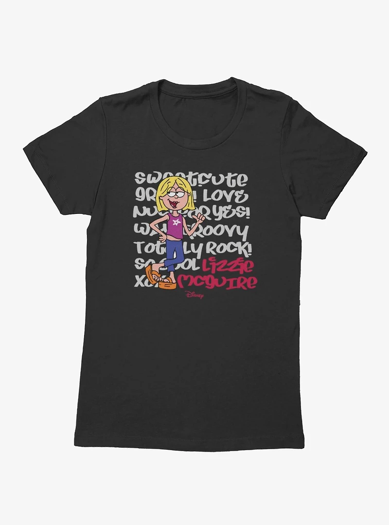 Disney Lizzie McGuire Sweet Cute Love Text Backdrop Womens T-Shirt