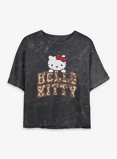 Sanrio Hello Kitty Animal Print Arch Mineral Wash Womens Crop T-Shirt