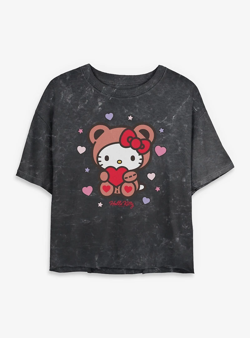 Sanrio Hello Kitty Valentine Bear Mineral Wash Womens Crop T-Shirt