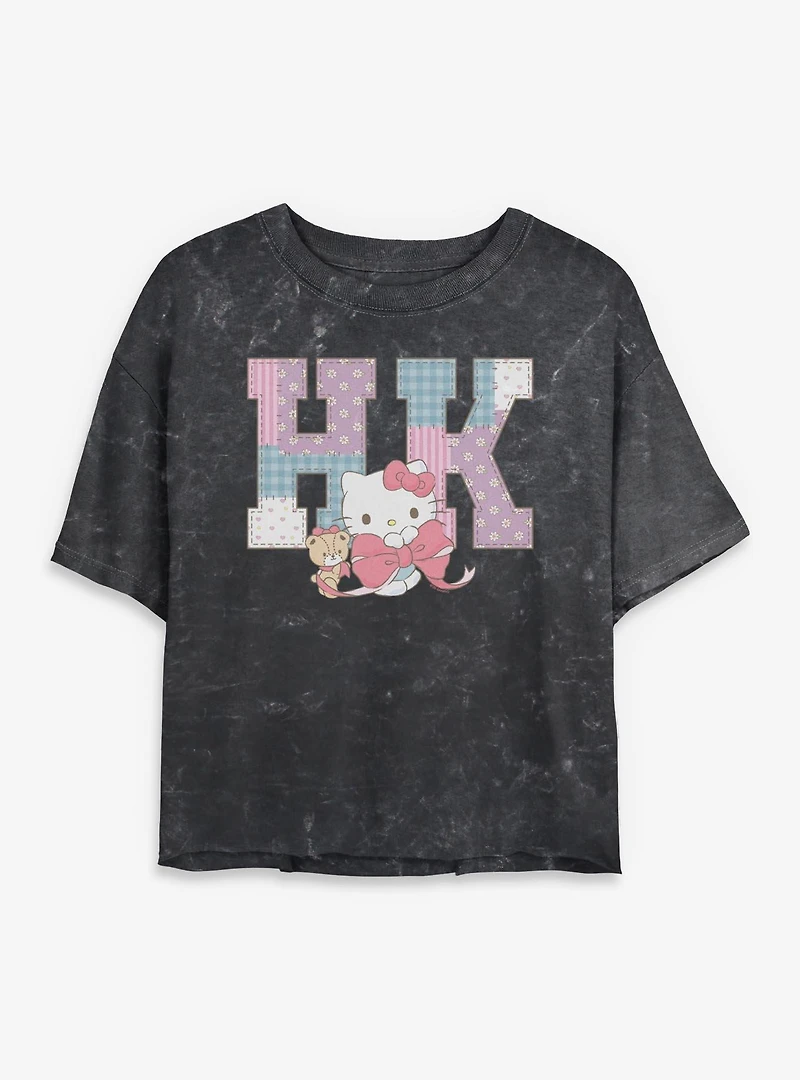 Sanrio Hello Kitty Patchwork Mineral Wash Womens Crop T-Shirt