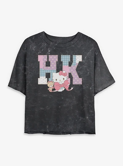 Sanrio Hello Kitty Patchwork Mineral Wash Womens Crop T-Shirt