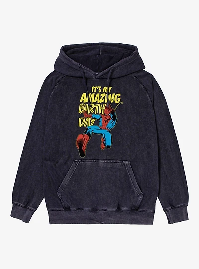 Marvel Comics Retro Spiderman It?s My Amazing Birthday Vintage Mineral Washed Hoodie