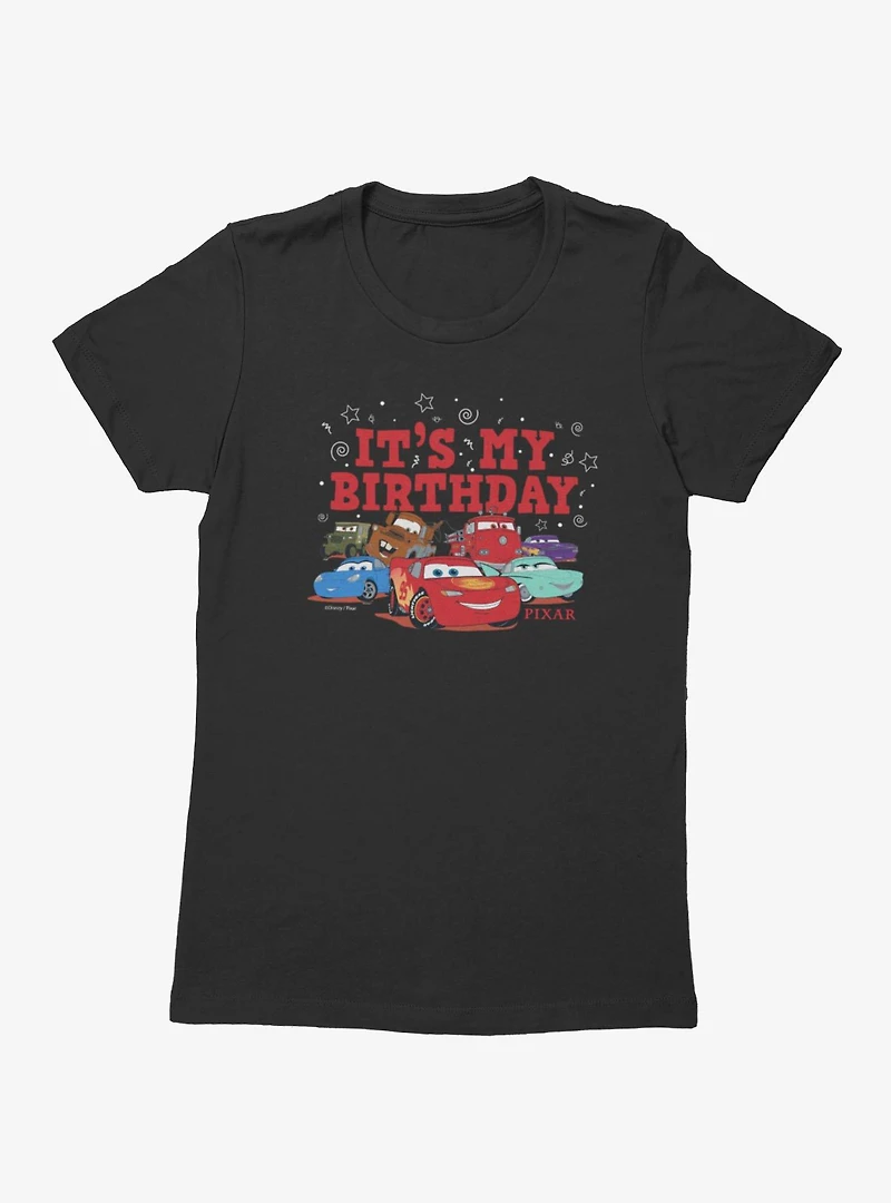 Disney Pixar Cars It's My Birthday Car Lot Group Womens T-Shirt