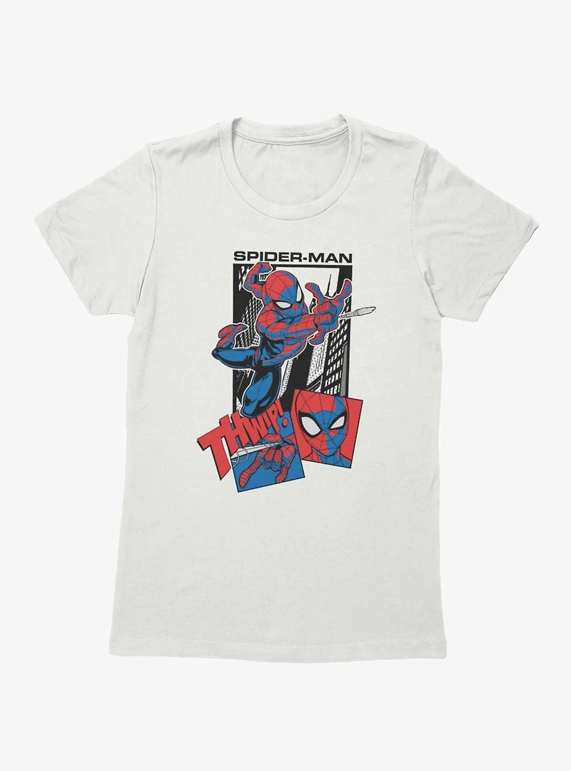 Marvel Spider-Man Thwip Through The City Panel Womens T-Shirt