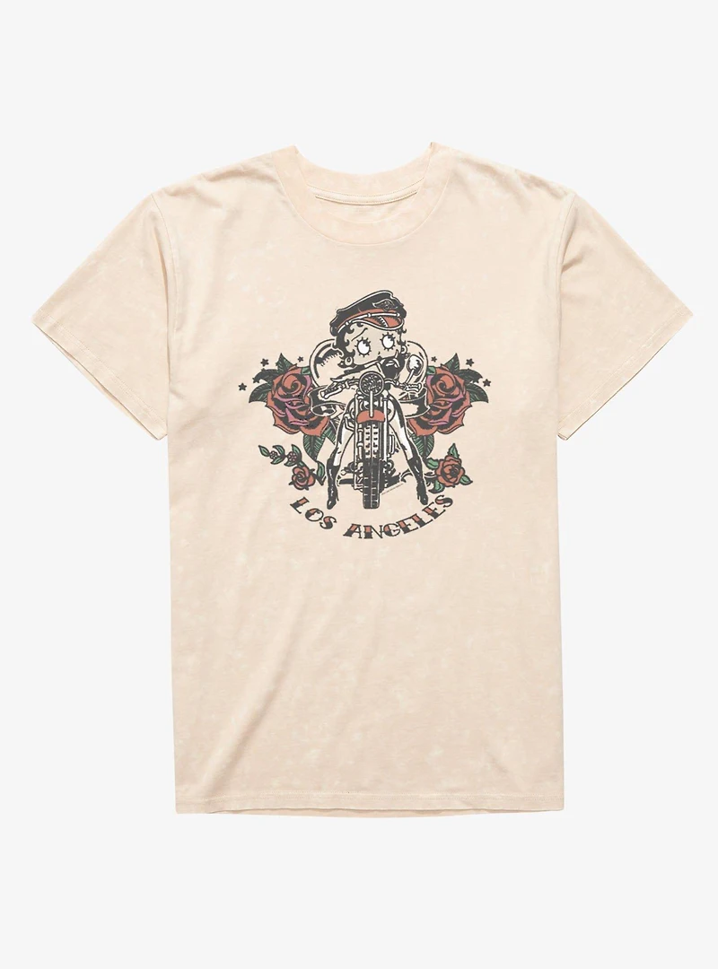 Betty Boop Los Angeles Motorcycle Roses Mineral Wash T-Shirt