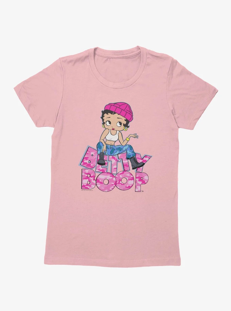 Betty Boop Pink Camo And Boots Womens T-Shirt