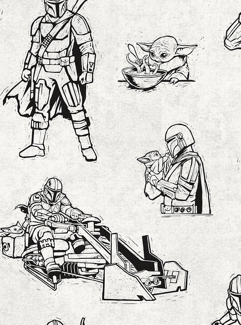 Star Wars The Mandalorian and Grogu Linocut Black Peel & Stick Wallpaper