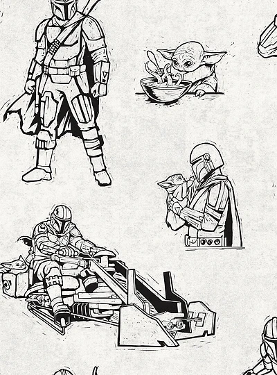 Star Wars The Mandalorian and Grogu Linocut Black Peel & Stick Wallpaper