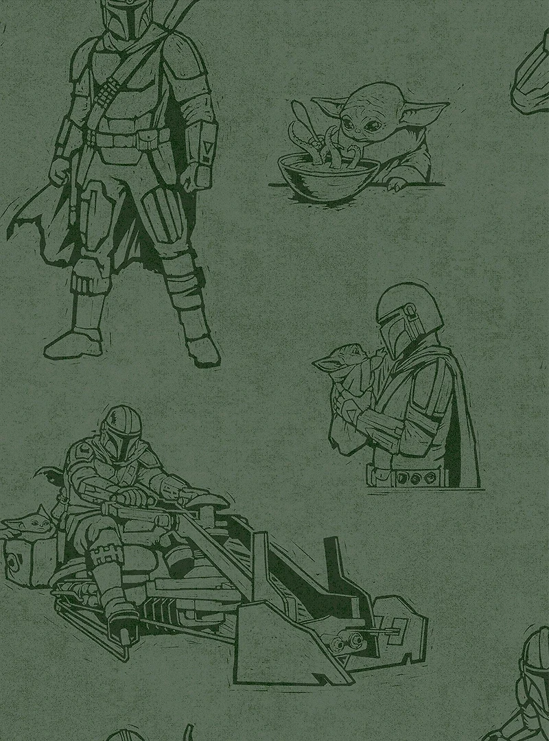 Star Wars The Mandalorian and Grogu Linocut Green Peel & Stick Wallpaper