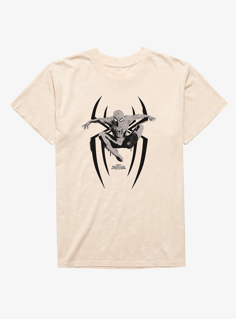 Marvel Spider-Man Brand New Day Leap On Logo Grayscale Mineral Wash T-Shirt
