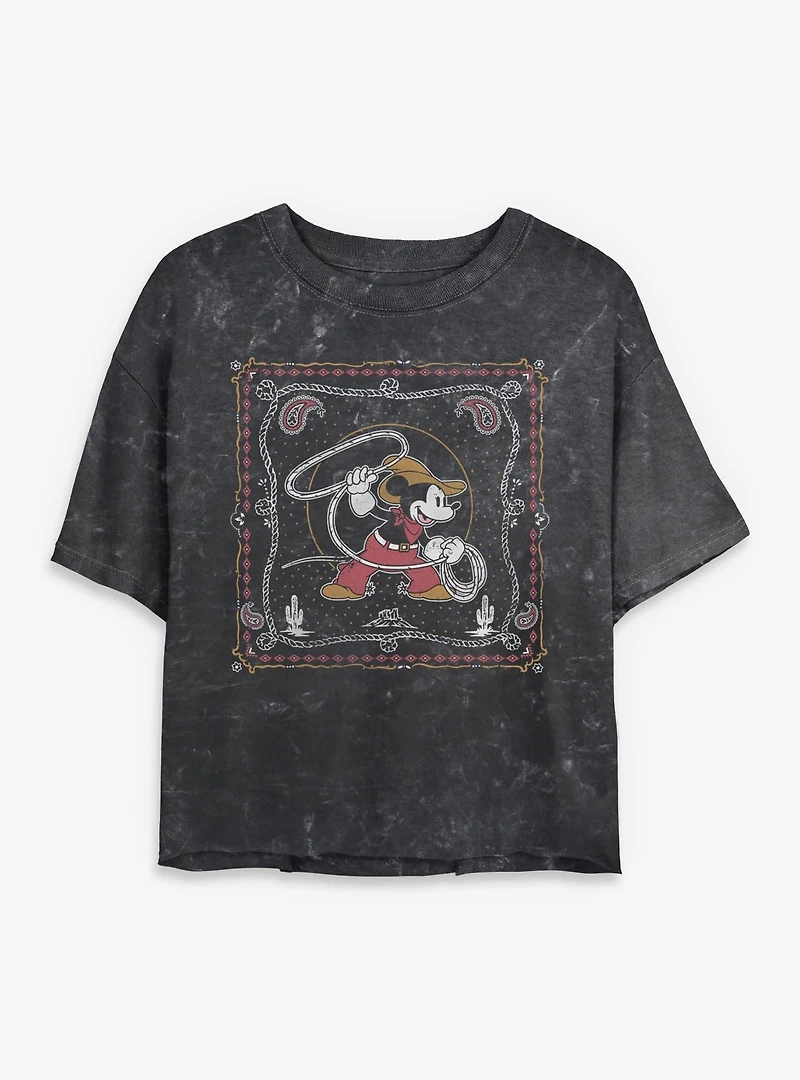Disney Mickey Mouse Western Cowboy Paisley Womens Mineral Wash Crop T-Shirt BoxLunch Exclusive