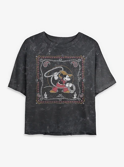Disney Mickey Mouse Western Cowboy Paisley Womens Mineral Wash Crop T-Shirt BoxLunch Exclusive