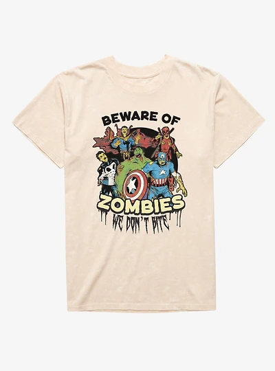 Marvel Zombies Beware Of Zombie We Bite Group Shot Mineral Wash T-Shirt