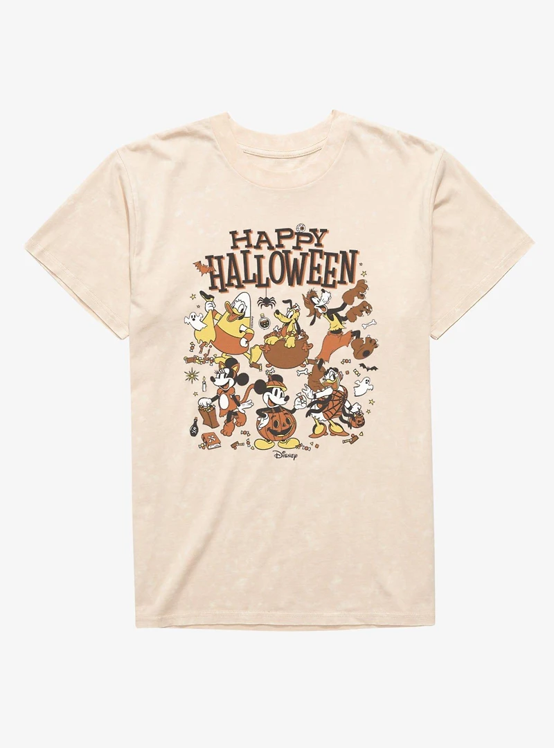 Disney Mickey Mouse Happy Halloween Group Costumes Candy And Spiders Mineral Wash T-Shirt