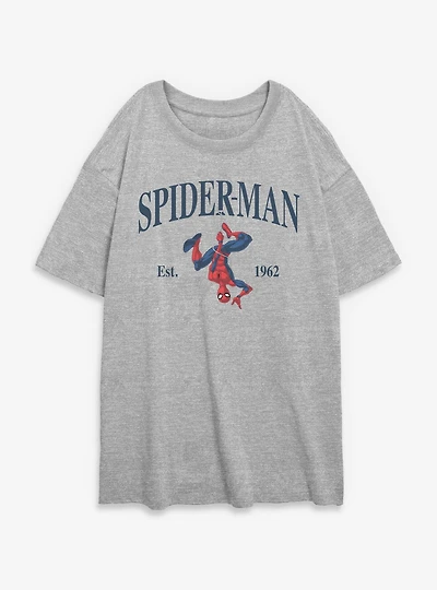 Marvel Spider-Man Hanging Upside Down Est 1962 Womens Oversized T-Shirt