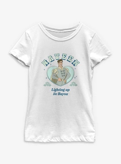 Disney the Princess and Frog Prince Naveen Lighting Up Bayou Heart Portrait Youth Girls T-Shirt