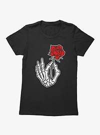 Skeleton Hand Holding Red Rose Womens T-Shirt