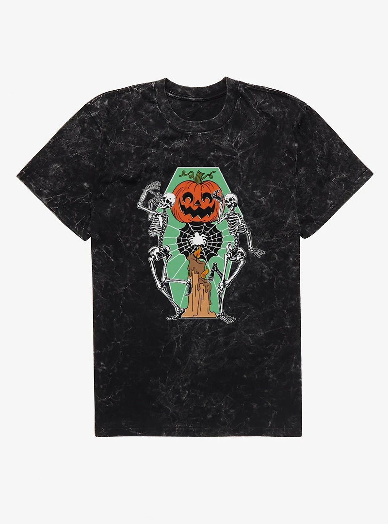 Dancing Skeletons Pumpkin Candle Mineral Wash T-Shirt
