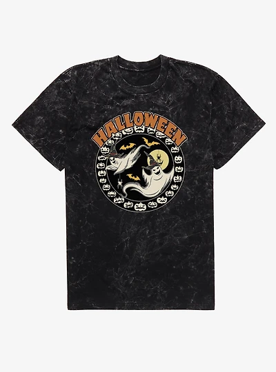Halloween Ghosts Pumpkins Circular Mineral Wash T-Shirt