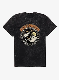 Halloween Ghosts Pumpkins Circular Mineral Wash T-Shirt