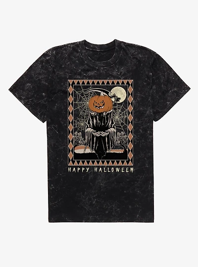 Happy Halloween Pumpkin Grim Reaper Mineral Wash T-Shirt