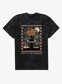 Happy Halloween Pumpkin Grim Reaper Mineral Wash T-Shirt
