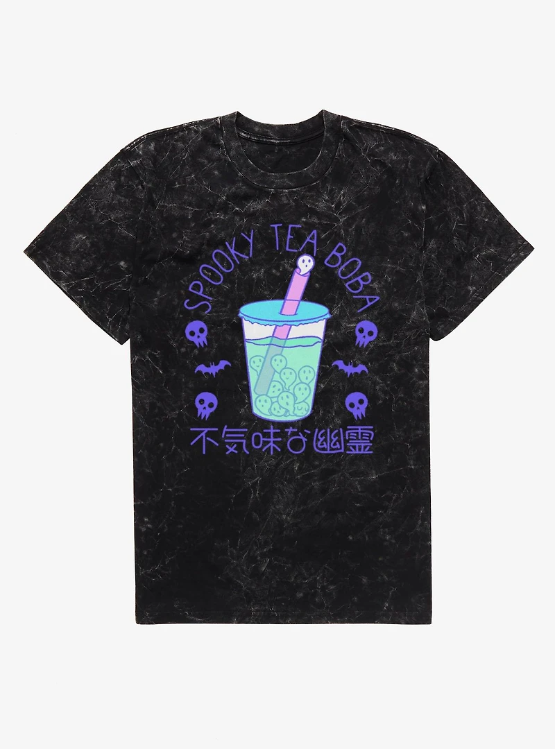 Spooky Tea Pastel Boba Cup Ghosts Skulls Bats Mineral Wash T-Shirt