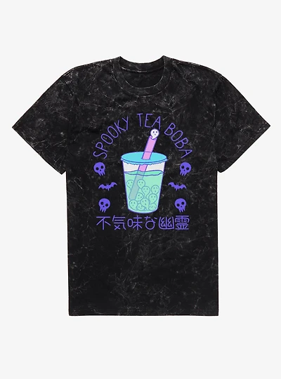 Spooky Tea Pastel Boba Cup Ghosts Skulls Bats Mineral Wash T-Shirt
