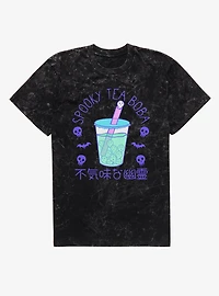 Spooky Tea Pastel Boba Cup Ghosts Skulls Bats Mineral Wash T-Shirt