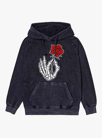 Skeleton Hand Holding Red Rose Mineral Wash Hoodie