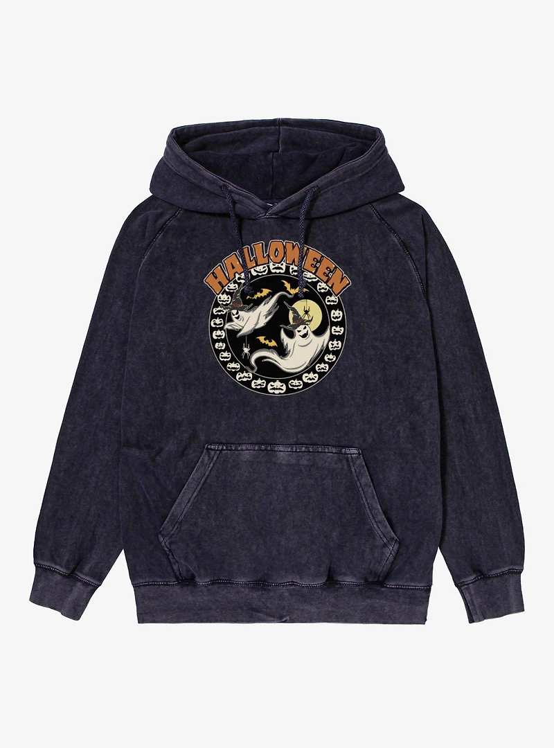 Halloween Ghosts Pumpkins Circular Mineral Wash Hoodie