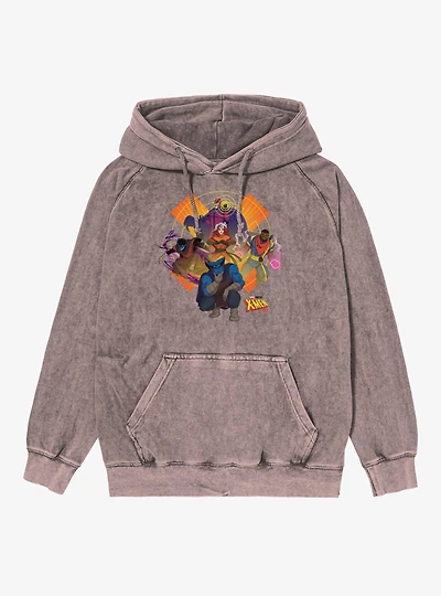 Marvel X-men 97 Burst Icon With Magneto Beast Nightcrawler Mineral Wash Hoodie